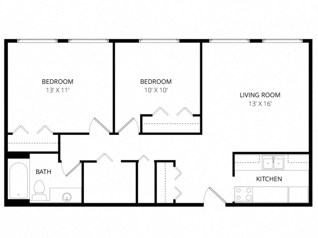 Floor plan for 2 beds, 1 bath, 906 sqft